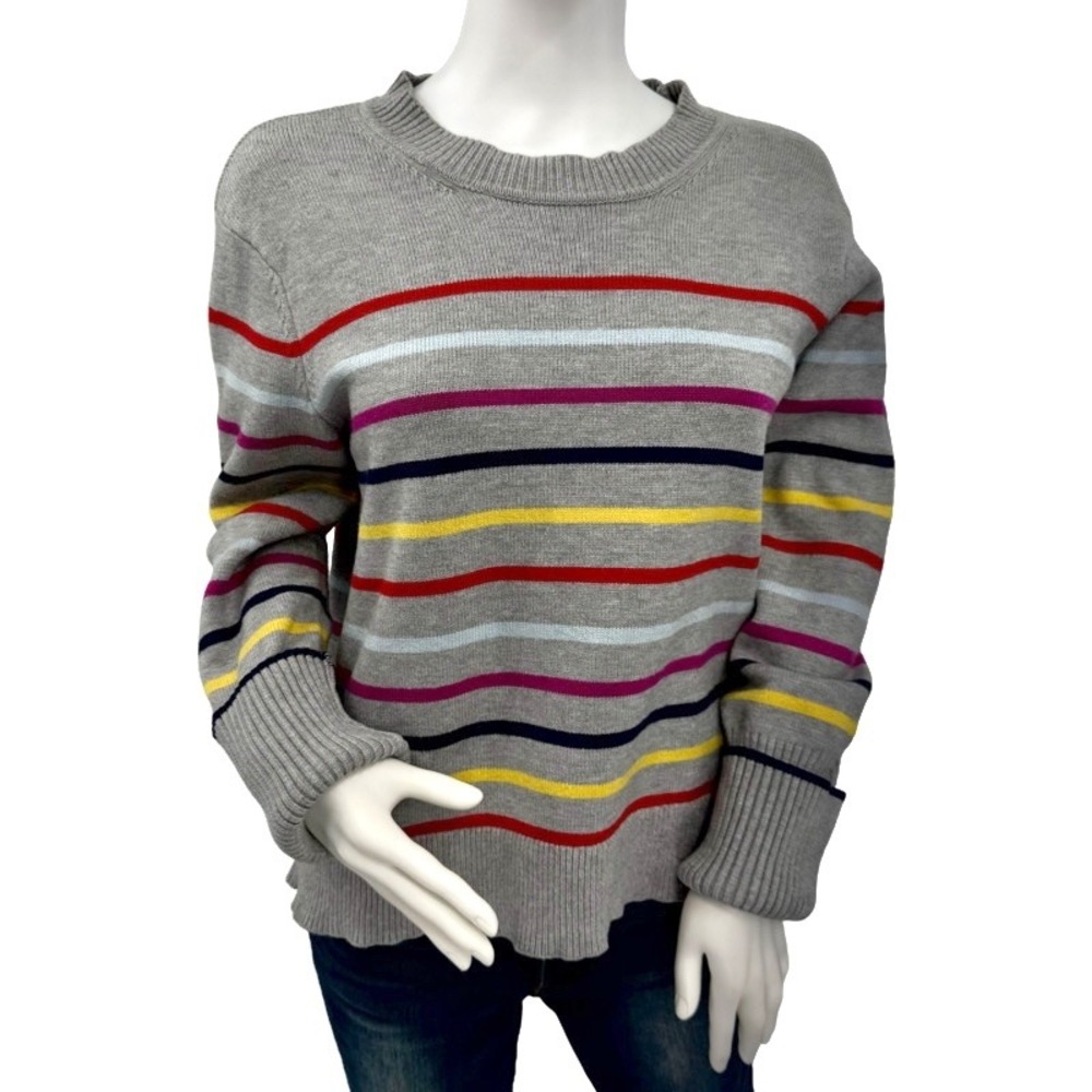 LA LIGNE Large Sweater Gray Multi-Stripe Cashmere Blend Crewneck Ribbed Knit